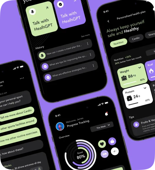Rithm app screens: a chat with HealthGPT, progress tracking and a personal health plan